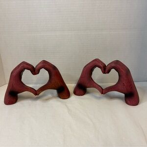 Wooden Hand Heart Sculptures - Pair in Deep Red